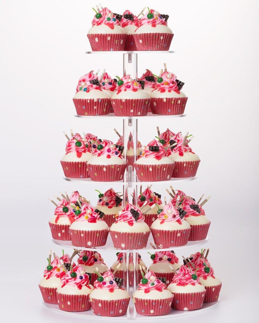 YestBuy 5 Tier Round Acrylic Cupcake Tree Tower Display Stand Display for Pastry Wedding Birthday Party (5 Tier Round (4" Between 2 Layers))