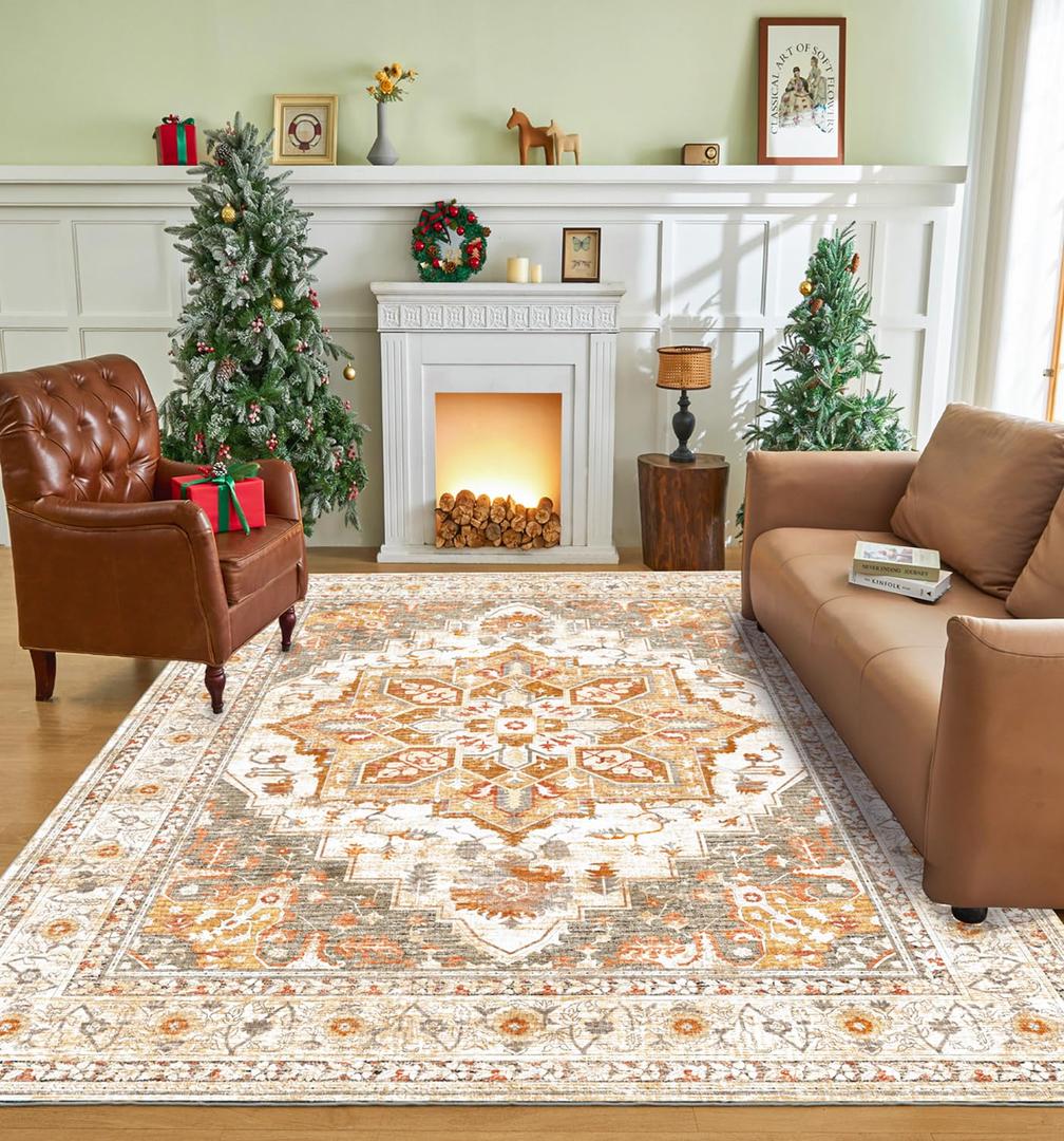 Washable Area Rugs 6×9 Yellow Vintage 6x9 Area Rugs Clearance Ultra-Thin Oriental Boho Rugs for Living Room Indoor 6x9 Non-Slip Rug Foldable Washable Accent Rugs for Bedroom Dining Room