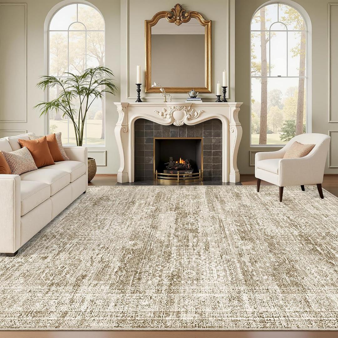 Soalmost Washable Area Rug 8x10, Large Soft Rugs for Living Room Vintage Area Rugs for Bedroom Dining Room Non-Slip Stain Resistant Brown Under Table Rug