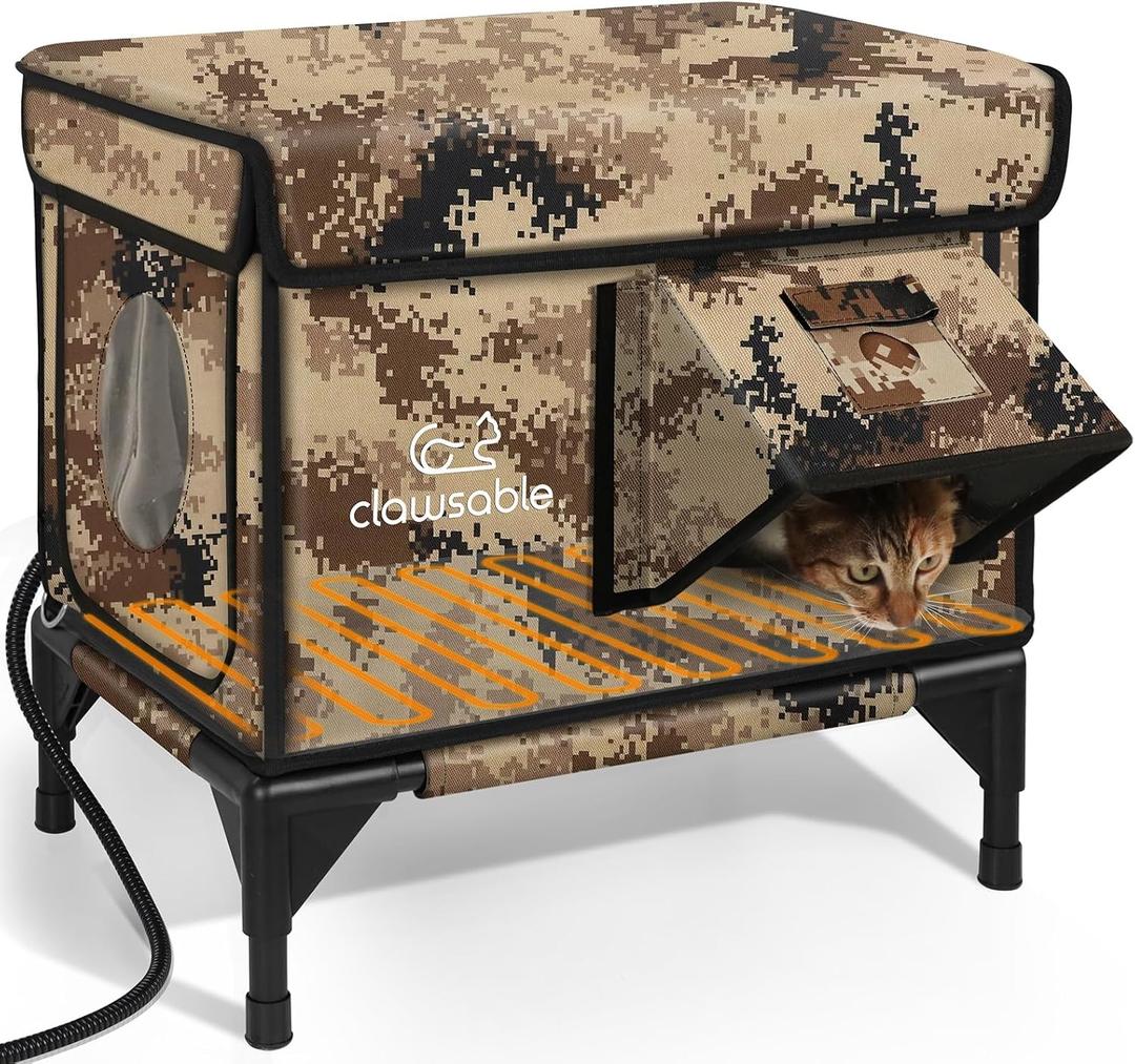 Indestructible Heated Cat House for Outside Winter, 100% Waterproof, Safe Escape Door, Insulated Outdoor Cat Shelter with Heater for Feral Barn Cat Kitty (Desert Camouflage, 12"x16"x18")
