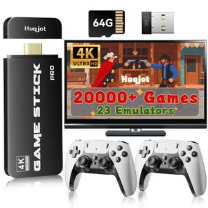 Huqjot Retro Gaming Console Stick with 20000+ Classic Games, 4K HDMI Plug and Play, Dual 2.4GHz Wireless Controllers, 23 Built-in Emulators (64GB)