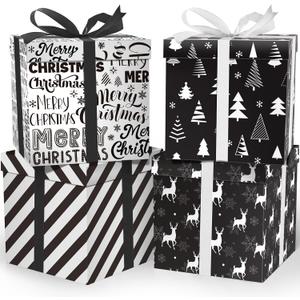 Cinrobiye 4 Pcs Christmas Gift Boxes with Lid,Ribbon and Tissue Papers,9" Black and White Christmas Winter Square Cardboard Box for Gift Wrapping Holiday Present Birthday Assorted Design (Black White)