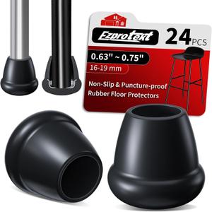 Ezprotekt 3/4" Rubber Chair Leg Caps, 24 Pcs Round Non-Slip Chair Leg Floor Protectors, Furniture Stool Leg Feet Covers for Bar, Tables, Patio Metal Legs, Black (Fit: 0.63" - 0.75")