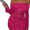 Women Sexy Off Shoulder Bodycon Mini Dress Mesh Sheer Ruched Sparkly Flared Long Sleeve Y2K Dress Club Night Out Dresses (Pink, S)