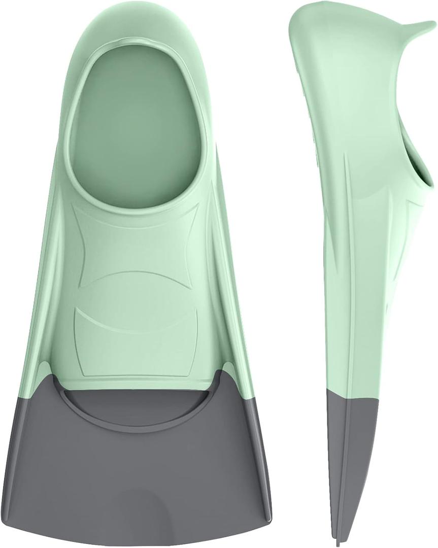 Gintenco Swim Fins, Kids Swim Training Fins for Lap Swimming, Travel Size Flippers with Mesh Bag, Silicone Swimming Fins for Kids Teens Adults Women Men (S(KIDS 2-3/ US Women 3-5), Green Grey)