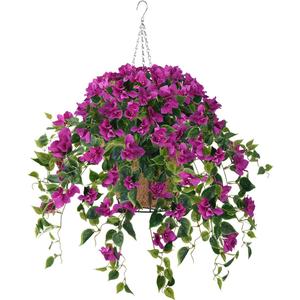 Homsunny Artificial Hanging Flowers Plants Basket for Outdoor Decoration,4 PCS Faux Silk Bougainvillea Vine Flowers Look Real UV Resistant for Outside Porch Patio Yard Garden Decor (Purple)