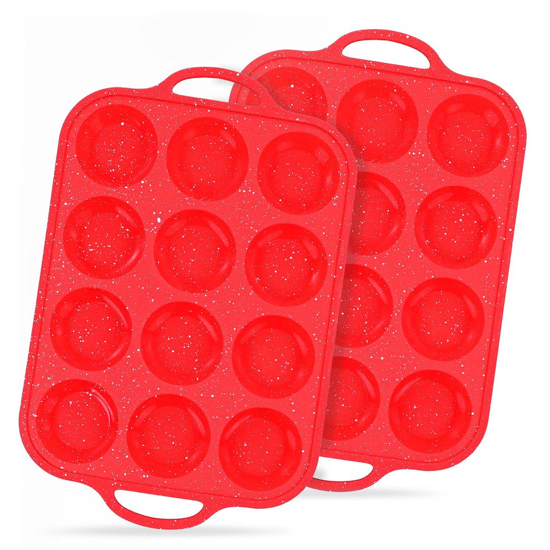 12-Cup Mini Silicone Muffin Pan with Reinforced Steel Frame,Red-Whitedot