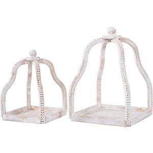2 Pack Wood Beaded Lantern Set Vintage Rustic Farmhouse Decorative Candle Lanterns, Distressed White