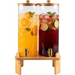 2 Gallon 2 PCS (4 gallon) Beverage Dispenser With Bamboo Wood Stand,Large Glass Drink Dispenser for Parties,Large Water Dispensers with Spigot,Juice Containers & Water Pitcher,Lemonade Dispenser
