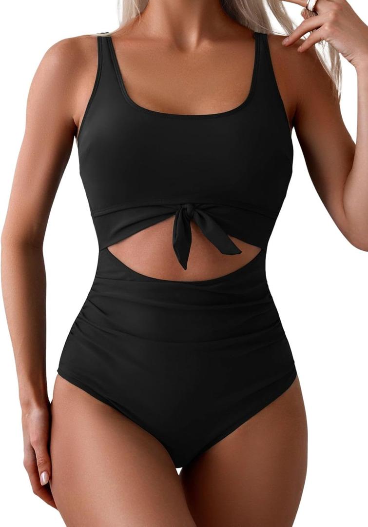 Eomenie Women's One Piece Swimsuit Tummy Control Slimming Bathing Suit Cutout Tie Knot Swimwear (Black, M)