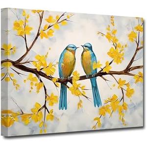 CXHOSTENT Bird Canvas Wall Art Two Couple Birds on Branch Yellow Flower Tree Pictures Prints Love Birds Painting Animal Artwork for Home Decor (Birds-1, 16.00"x24.00")