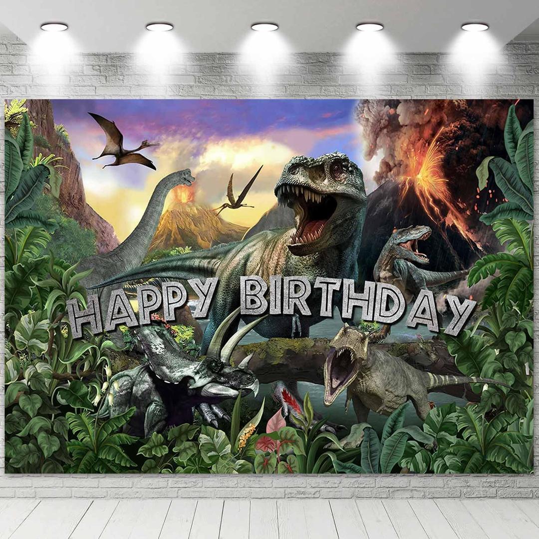 Sensfun Dinosaur Birthday Backdrop Dinosaurs World Happy Birthday Banner 3D Jungle Dino Park Bday Decorations Photography Background Boys Kids Bday Cake Table Party Supplies Photo Booth 7x5ft