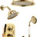 Antique Dual Rain Heads Shower-Faucet System: 9" Ceiling Mounted & 6" Wall Mount with Vintage Handheld Spray, 3 Way Diverter Brass Rough in Valve with Trim Kit, Gold