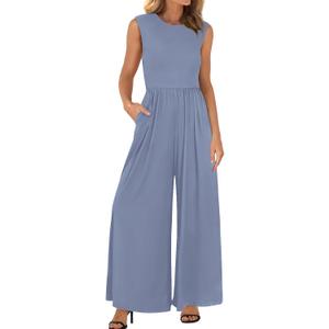 BTFBM Womens Casual Jumpsuits Dressy 2026 Spring One Piece Outfits Crew Neck Sleeveless Knit Wide Leg Pants Romper Beach (Blue, M)