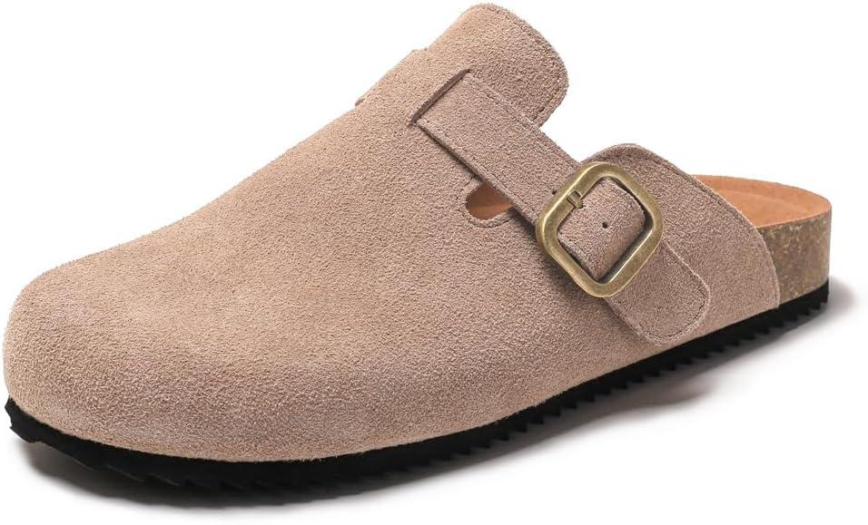 Women's Suede Clogs Leather Mules Comfort Cork Footbed Sandals Potato Shoes with Arch Support (8.5, Taupe)