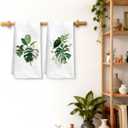 Tropical Monstera Leaf Kitchen Towels Set of 2, Green Jungle Palm Leaf Tropical Hand Towels for Bathroom Kitchen Decor, Green and White Botanical Dish Tea Towels, 16x24 Inches (Style 4)