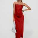 DAAWENXI Women's Summer Sexy Strapless Satin Tube Bodycon Midi Dress Side Slit Cocktail Party Long Dresses (Red)