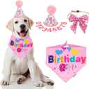 ADOGGYGO Dog Birthday Party Supplies, Pink Girl Dog Birthday Bandana Hat Numbers Bow Set for Medium Large Dogs (Large)