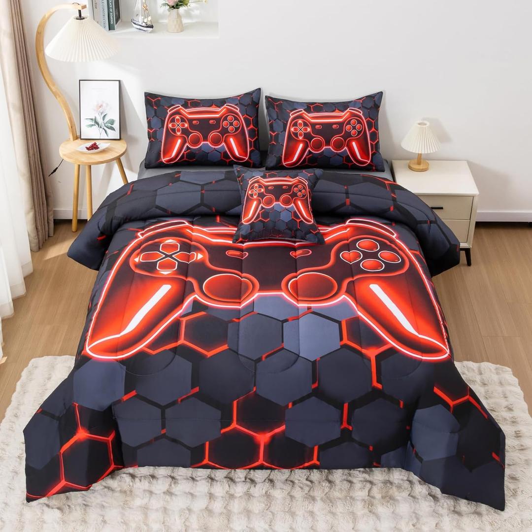 6Pcs Gamer Comforter Set with Sheets for Boys Girls Kids Teens, Colorful Gaming Themed Bed in A Bag Twin Size, Black 3D Video Game Controller Bedroom Decor Bedding Set (Red)