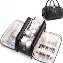 2 x Bagstellar Travel Makeup Bag, Large Capacity Quilted Toiletry Bag for Women Stand-up Cosmetic Bag Open Flat Make Up Case Organizer Portable Pouch Purse w/Handle for Traveling Accessories, Black