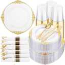 Hioasis 350pcs Clear and Gold Plates - Clear Party Plates for 50 Guest, Include 100 Heavy-duty Plates(20% Thicker Than Standard), 50 Pre Rolled Gold Plastic Silverware Set, 50 Cups