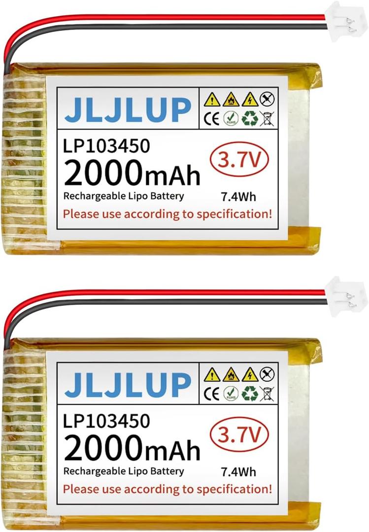2Pcs 3.7V Lipo Battery 2000mAh Rechargeable Lithium Polymer Batteries Pack with PH 2.0mm Connector Integrated Protection Circuit for Arduino ESP32 Development Board for Speaker Wireless Device
