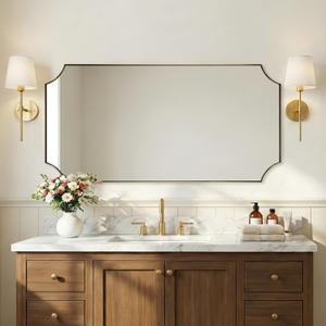 ANDY STAR Scalloped 24"x48" Brushed Gold Bathroom Mirror | Anti-Rust Stainless Steel Frame 1" Deep, Rounded Notched Corners, Two Way Hanging, Ideal for Bathroom Decor & Remodel