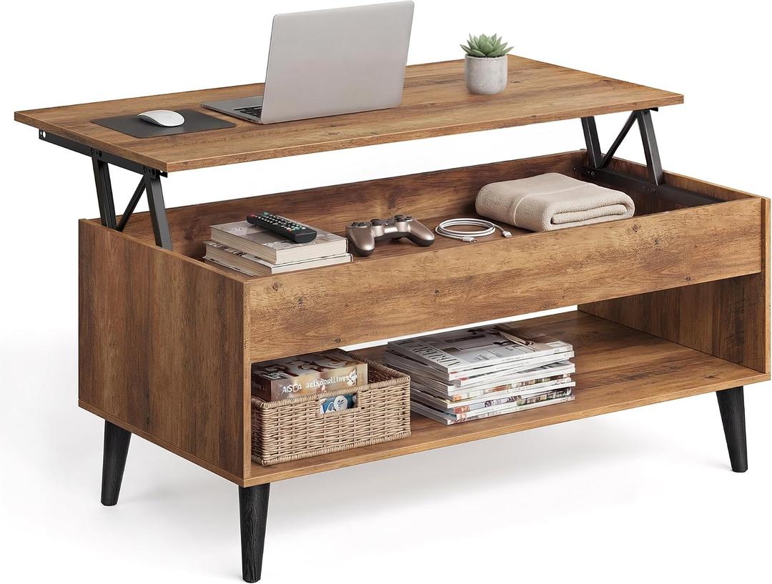VASAGLE Lift Top Coffee Table, Lift Tabletop Dining Table, Gas Spring, Hidden Compartment, Open Storage Shelf, for Living Room, Home Office, Honey Brown ULCT268KB01S (19.7"D x 39.4"W x 22.8"H)