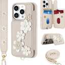 Compatible with iPhone 16 Pro Wallet Case with Card Holder for Women, Kickstand, Crossbody Lanyard, Wrist Strap Flower Leather Flip Cover Designed for iPhone 16 Pro 6.3", Beige