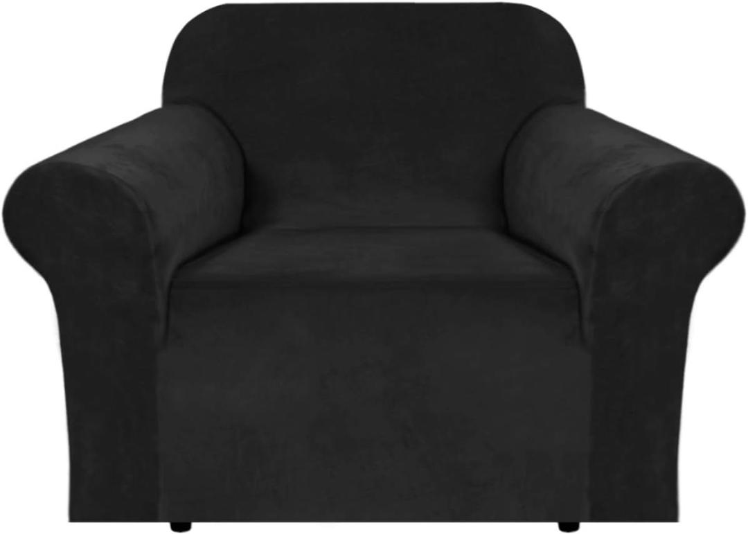 H.VERSAILTEX Stretch Velvet Armchair Cover Couch Covers 1 Cushion Chair Slipcover for Living Room Furniture Cover Crafted from Thick Comfy Rich Velour (Chair 31"-49", Black) (Jet Black)