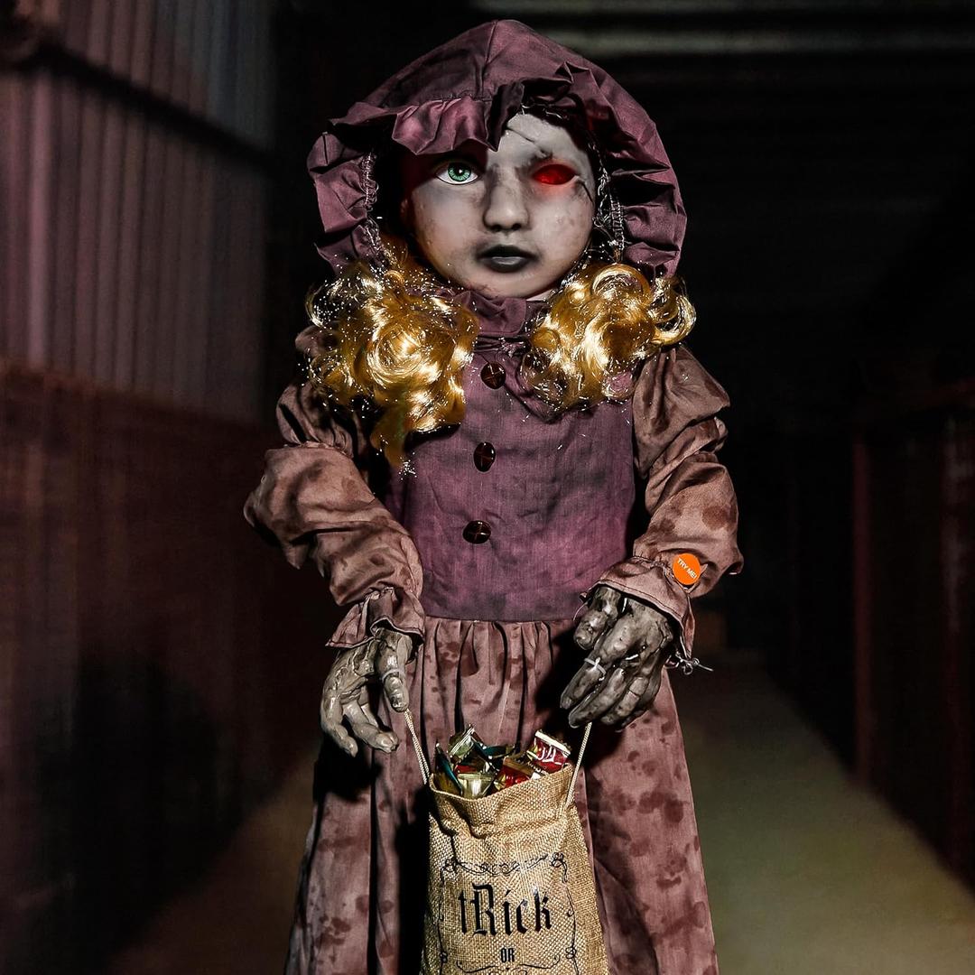 4FT Halloween Decorations Outdoor Animatronics Creepy Doll Skull,Sound Touch Activated,Light Up Eyes, Creepy Sound,Scary Halloween Party Prop for Haunted House Holiday,Yard Lawn