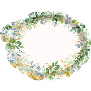 Treasure Cove Sage Greenery Oval Paper Plates Disposable Spring Oval Plates Large Eucalyptus Party Platters for Spring Birthday Wedding Tableware Decoration Supplies 10" x 12" 24Pcs