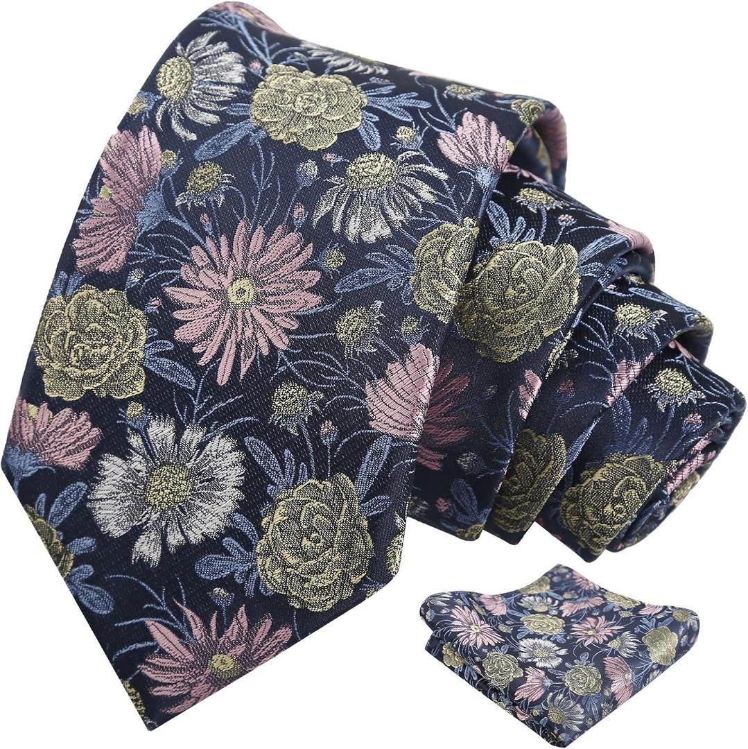 Alizeal Mens Colorful Large Bloom Tie and Pocket Square for Party Nights and Weddings (928-navy+pink+yellow)