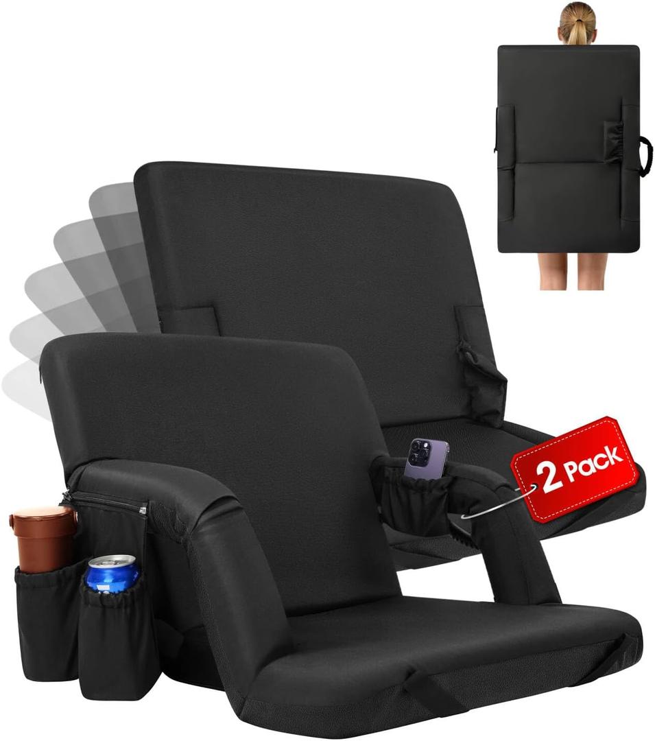 2 Pcs Stadium Seats with Back Support 14-Position Stadium Seats for Bleachers Portable Bleacher Chairs with Wider Cushion, Thick Padding Ideal Seats for Sport Events, Camping (Black)