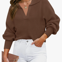 ZESICA Women's Fall Lapel Collar V Neck Long Sleeve Ribbed Knit Comfy Loose Casual Pullover Sweater Jumper Top, XL