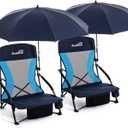 Folding Beach Chair with Umbrella for Adults, 2 Pack Portable Low Beach Chairs with 300lbs Capacity, Lightweight Fodable Camping Chair for Travel, Picnic, Concert & Outdoor Activities, Navy Blue, 27.5 x 22 x 20 inches