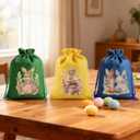 12 Pcs Easter Bunny Gift Bag with Drawstring, Easter Bags Burlap, Party Favor Birthday Decoration Reusable Rabbit Linen Goody Gift Bags with Double Jute Drawstrings, Treat Goodie Bag for Some Bunny Is One Easter Baby Shower Candy Garden Tea Party, 5x7 inch