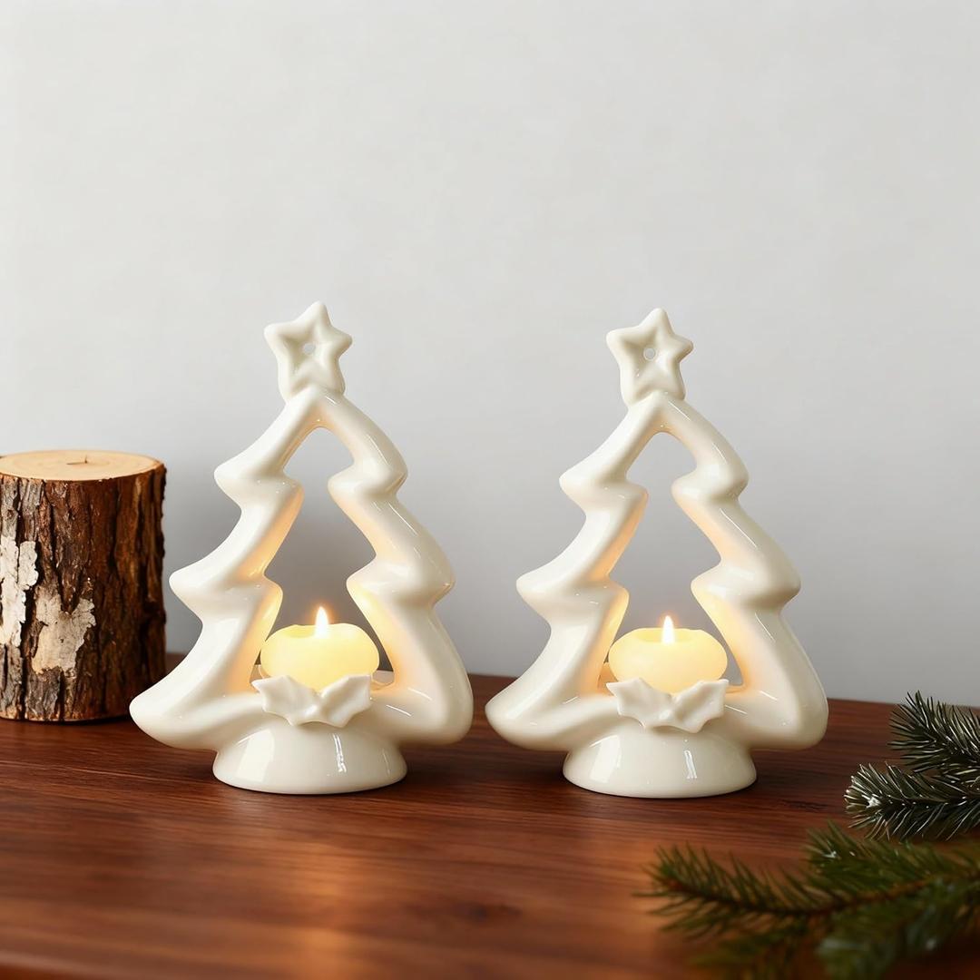 Pinkunn 2 Pcs Christmas Tree Candle Holders White Ceramic Christmas Tealight Votive Candles Holders Farmhouse Rustic Xmas Candlestick for Xmas Table Centerpiece Home Mantel Fireplace Decor