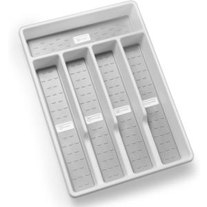 Silverware Organizer with IconsPlastic Cutlery silverware Tray for DrawerUtensil Flatware Tableware Organizer for Kitchen with Non-slip TPR,Fits Standard Drawer,5-CompartmentGrey