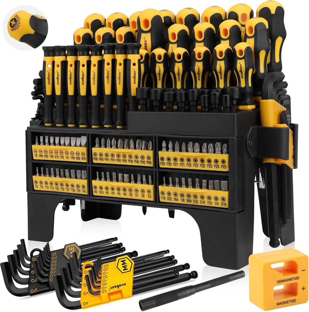 HORUSDY 140-Piece Magnetic Screwdriver Set with Plastic Racking, Includes SAE & Metric Hex Keys, Precision Screwdriver and Magnetizer Demagnetizer DIY Tools for Men Tools Gift