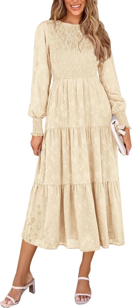 PRETTYGARDEN Women's Fall Spring Midi Dress Long Sleeve Floral Smocked Elegant Wedding Guest Long Flowy Dresses with Pockets (XXL)