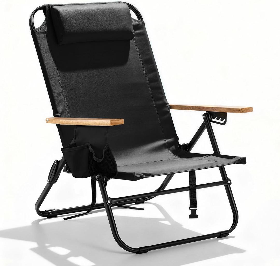 Premium Portable Camping Chair 5-Position Recliner Beach Folding Lightweight Outdoor Chair with Wooden Armrests, Headrest, Multi-Pockets Heavy Duty 350lbs, for Patio, Backyard, Black