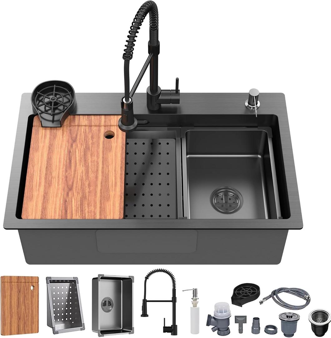 29.5 x 17.7 inch Kitchen Sink, Single Bowl Stainless Steel Multifunctional Drop In Sink Workstation Sink with Pull-Down Faucet and Multiple Accessories (Black Grey)