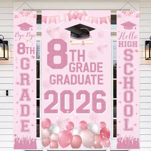 8th Grade Graduation Decorations, Pink Graduation Banner and Door Cover Set, Bye Bye 8th Grade Hello High School Backdrop, Class of 2026 Party Decor for Girls Middle School Promotion Photo Booth
