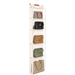 Syeeiex Hanging Handbag Purse Organizer with Zippers, 5 Mesh Shelves,Clear Slubbed Fabric+PVC Hanging Closet Bag Organizer, Dustproof Handbag Closet Tote Storage Bag for Door, Wardrobe, Beige, 16"L x 5.1"W x 59"H