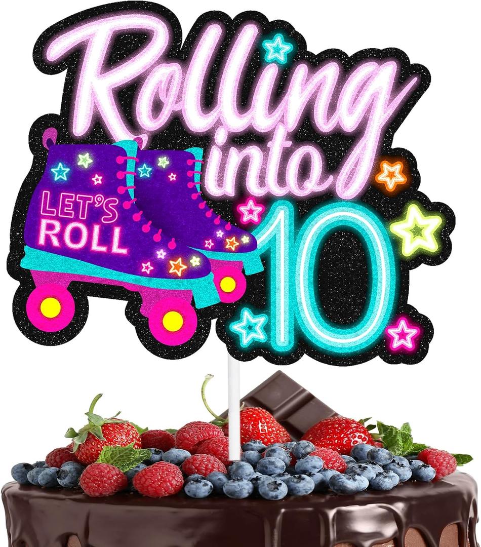 "Rolling into" cake topper roller skating theme 10th birthday happy roller skates decoration, boy and girl birthday party, club hip hop party, or disco party decoration, birthday gift for kids.LIANGSS