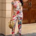AIMISHI 2 Piece Outfits for Women Print Off the Shoulder Crop Tops High Waist Long Pants Sets Tracksuit White Red Combo Small (S)