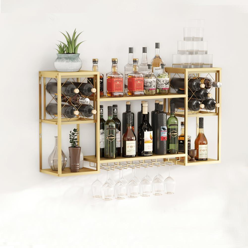 Metal Wall Mounted Wine Rack with Glass Holder, 2 Tier Mini Floating Bar Shelves, Liquor Bottle Display Shelf for Home Bar Kitchen Dining Room (Gold), 47.3"L x 10"W x 23.6" H