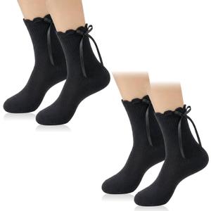 2 Pairs Black Ruffle Socks Women Breathable Cotton Frilly Ankle Princess Socks with Bow for Girls Date, Spring Lace Lettuce Edge Crew Sock (Black), One Size
