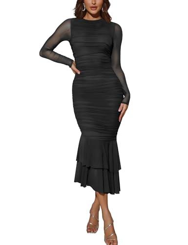 Atizon Elegant Ruched Bodycon Evening Dresses for Women Cocktail Party Formal Maxi Mermaid Dress Black, M